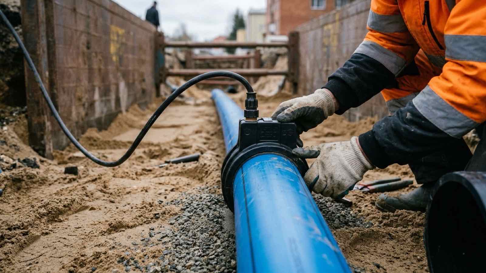 Darbininkas elektromova sujungia mėlyną PE vandentiekio vamzdį tranšėjoje